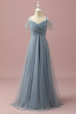 Vestido Dama de Honra Júnior Azul Cinza Cintas de Espaguete