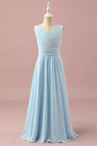 Vestido Dama de Honra Júnior Azul Claro Gola em V