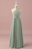 Renda Um Ombro Verde Vestido Dama de Honra Júnior