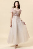 Vestido de Cerimónia Pescoço Quadrado Rosa A-Line