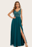 Turquesa Chiffon Longo vestido de baile com missangas