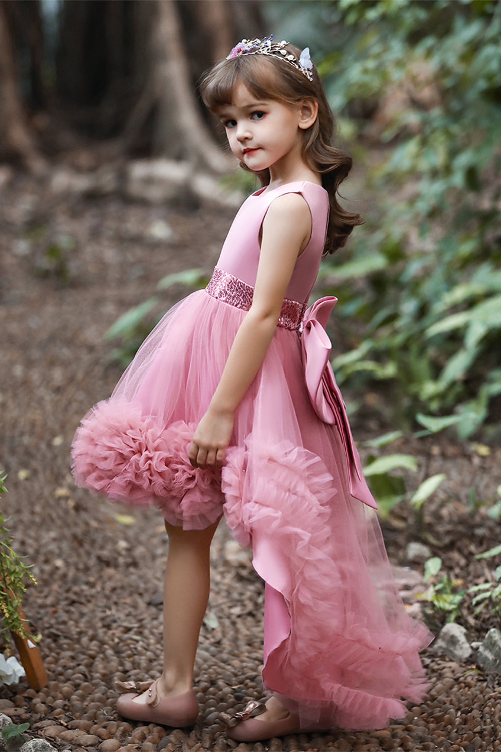 Blush high low flower girl dress com flores