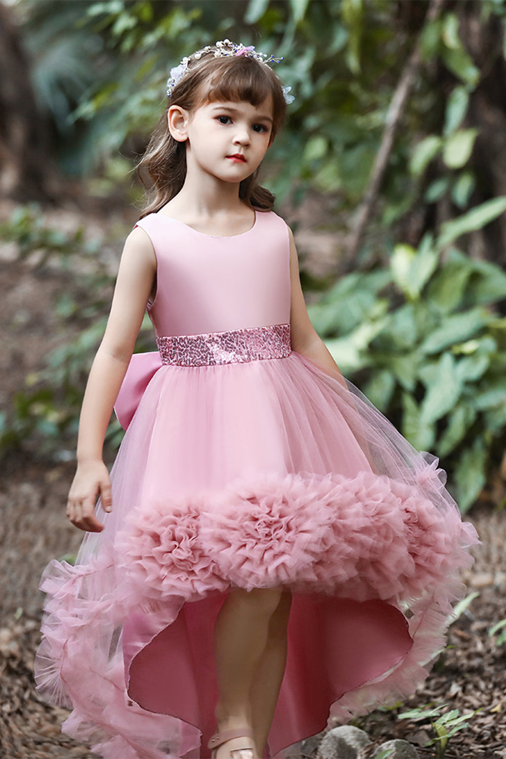 Blush high low flower girl dress com flores