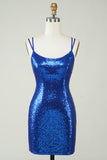 Royal Blue Tight Sequins Backless Homecoming Vestido