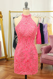 Vestido de boas-vindas rosa aberto frente única com renda e renda
