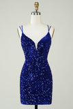 Bainha Royal Blue Sequins Vestido Curto Homecoming com Criss Cross Back