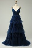 A Line Cintas de Espaguete Azul Marinha Vestido de Noite