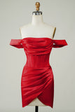 Vermelho fora do ombro assimétrico apertado curto homecoming vestido