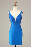 Bainha Deep V Neck Azul Vestido Curto Homecoming com Missangas