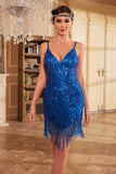 Bodycon Esparguete Correias Blue Sequins 1920s Vestido com Tassel