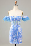 Lindo bainha fora do ombro azul vestido curto Homecoming com pena