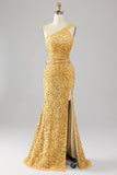 Sereia Sequins Um Ombro Vestido de Baile de Formatura Dourado com Fenda