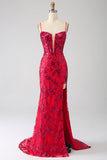 Sereia Vermelho Escuro Sequins Prom Dress com Fenda
