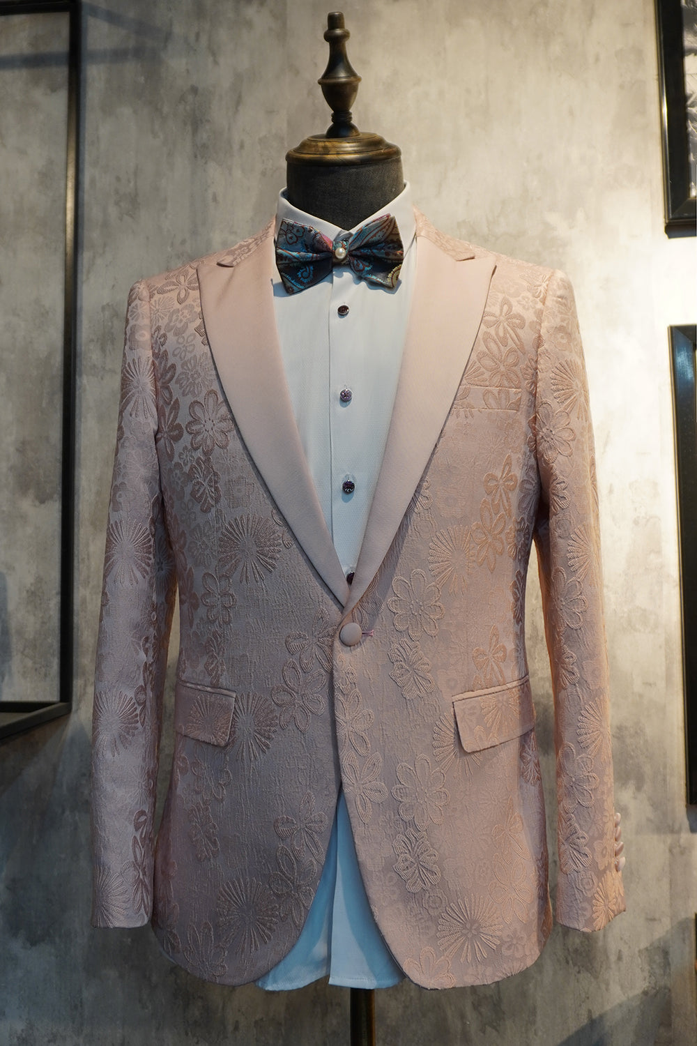 Pico Lapela Um Botão Azul Escuro Jacquard Homens Wedding Party Suits