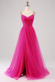 Fuchsia A-Line Esparguete Correias Longo Corset Prom Dress com Fenda