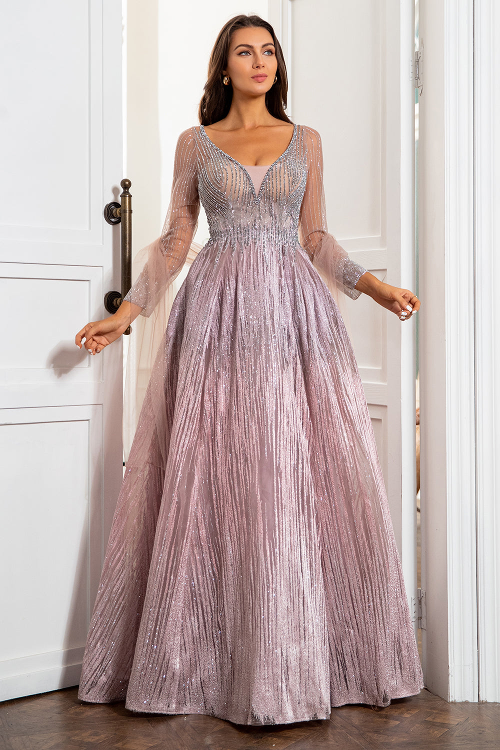 V Pescoço Cinzento Rosa Mãe Vestido com Missanga