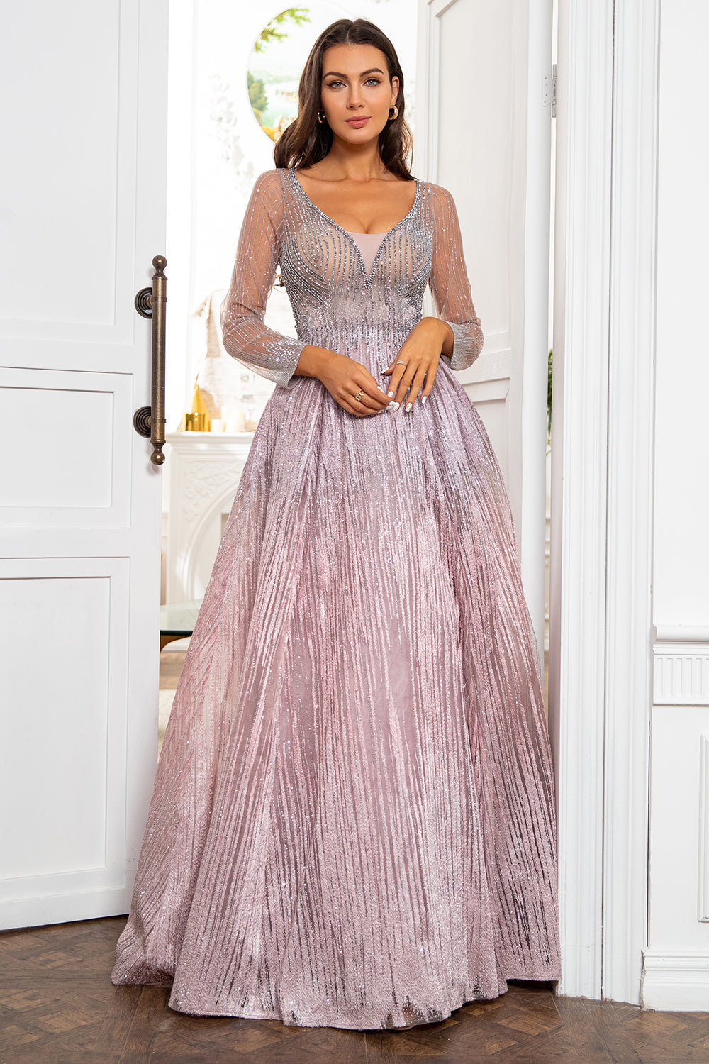 V Pescoço Cinzento Rosa Mãe Vestido com Missanga