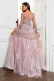 V Pescoço Cinzento Rosa Mãe Vestido com Missanga