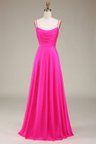 Hot Pink Espaghetti Correias A-line Prom Dress com Pregas