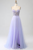 Lavanda Uma Linha Tule Corset Prom Dress com Fenda