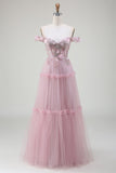 Fora do ombro tule rosa vestido de baile com apliques