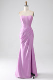 Strapless roxo sereia espartilho vestido de baile com plissado