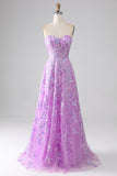 Roxo A-Line Strapless Corset Prom Dress com Appliques