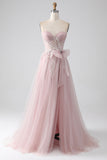 Sparkly A Line Strapless Tulle Prom Dress com arco
