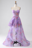 roxo estampado espartilho sem alças vestido de baile