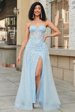 Charmoso A Line Sweetheart Blue Corset Prom Dress com Beading Slit