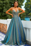 Tiras de espaguete cinza escuro Glitter longo vestido de baile