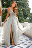 Cinza Pescoço V frisado longo vestido de baile