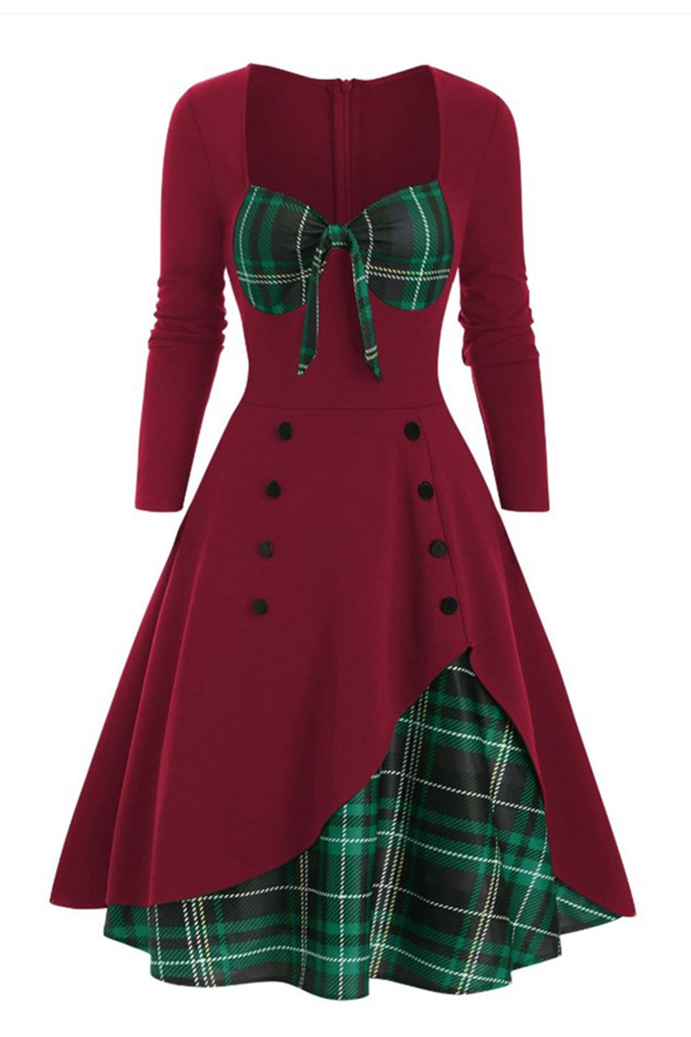 Vestido xadrez de 1950 com mangas compridas
