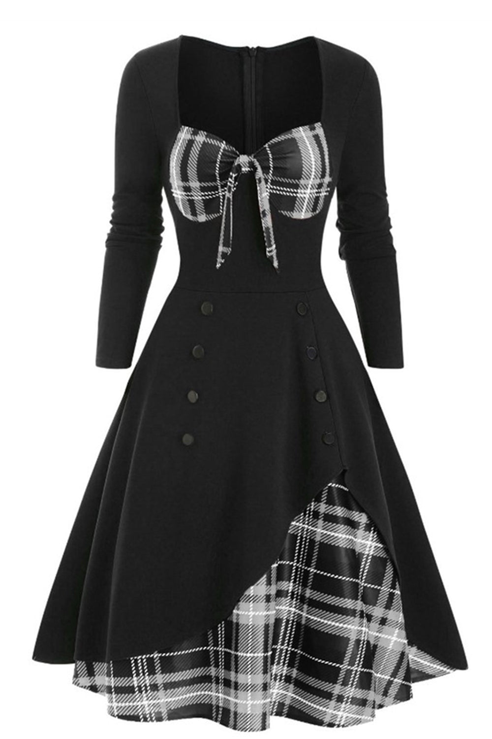 Vestido xadrez de 1950 com mangas compridas
