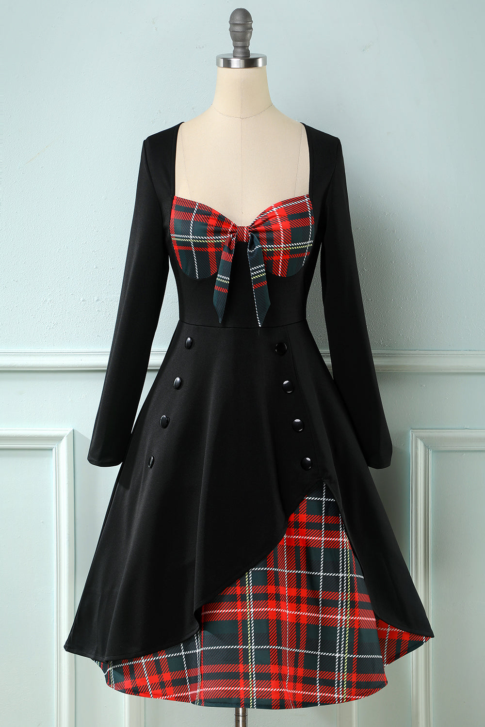 Vestido xadrez de 1950 com mangas compridas