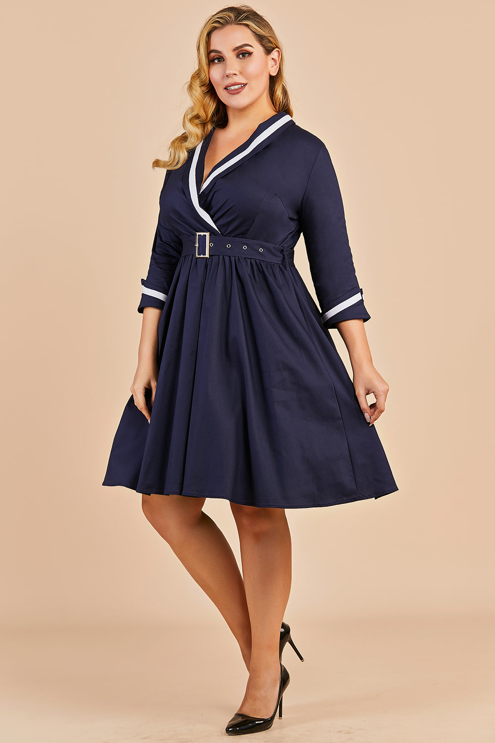 Azul marinho dos retalhos V Neck Casual Vestido Envelope
