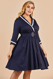 Azul marinho dos retalhos V Neck Casual Vestido Envelope