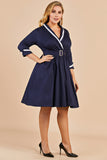 Azul marinho dos retalhos V Neck Casual Vestido Envelope