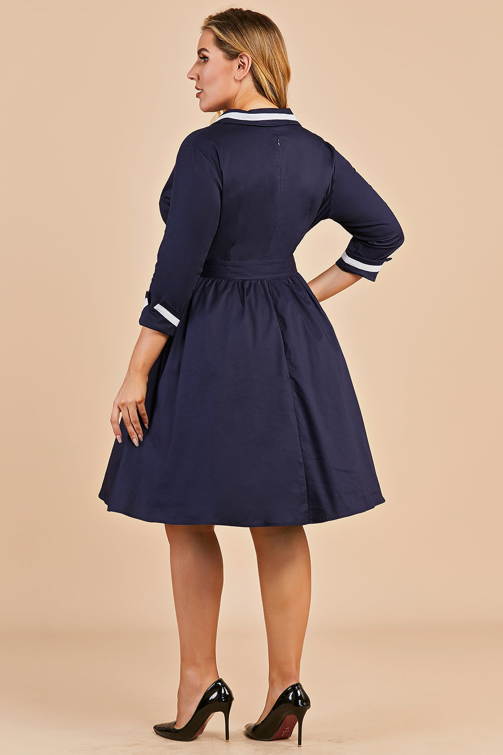 Azul marinho dos retalhos V Neck Casual Vestido Envelope