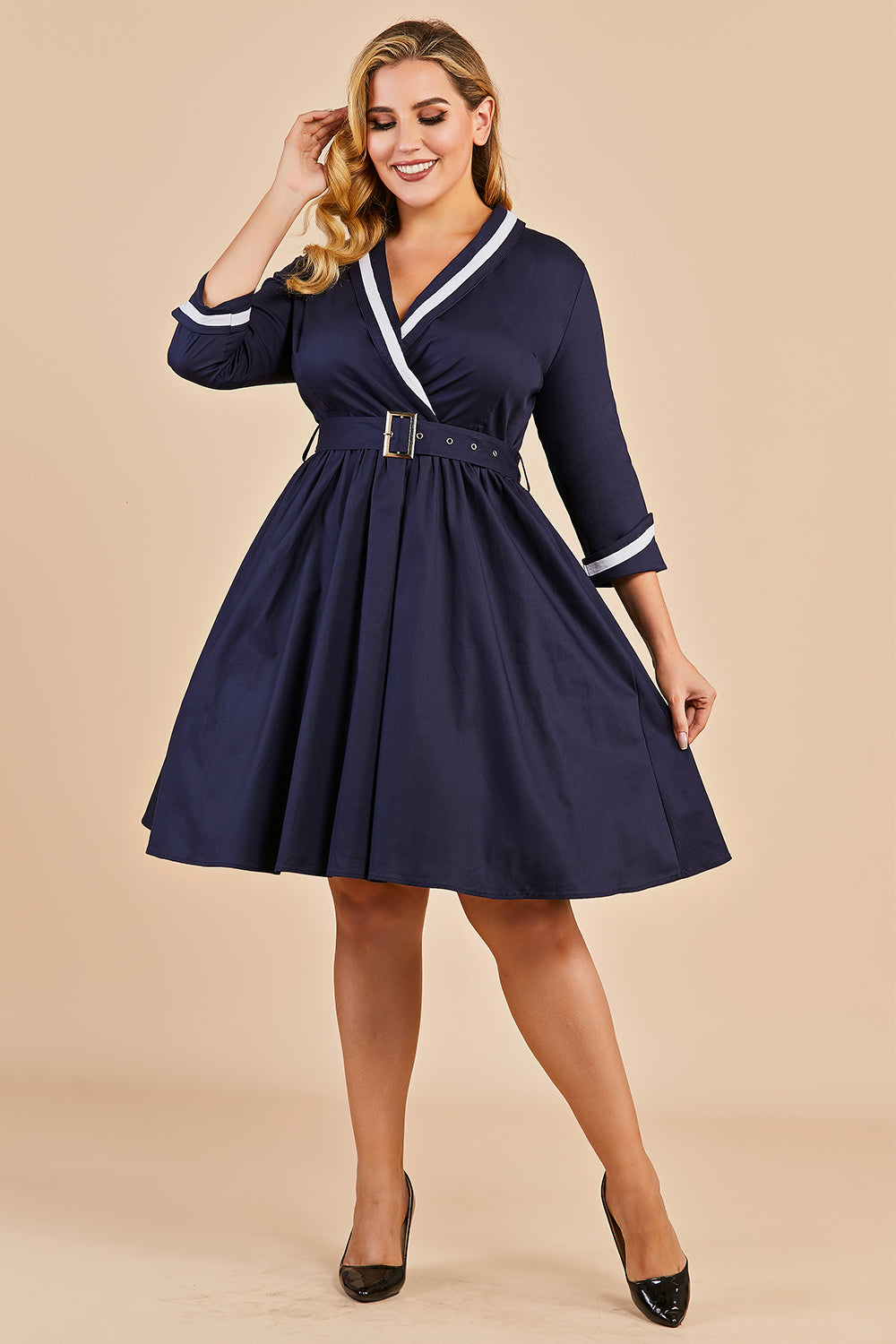 Azul marinho dos retalhos V Neck Casual Vestido Envelope