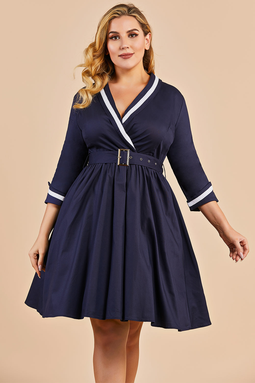 Azul marinho dos retalhos V Neck Casual Vestido Envelope