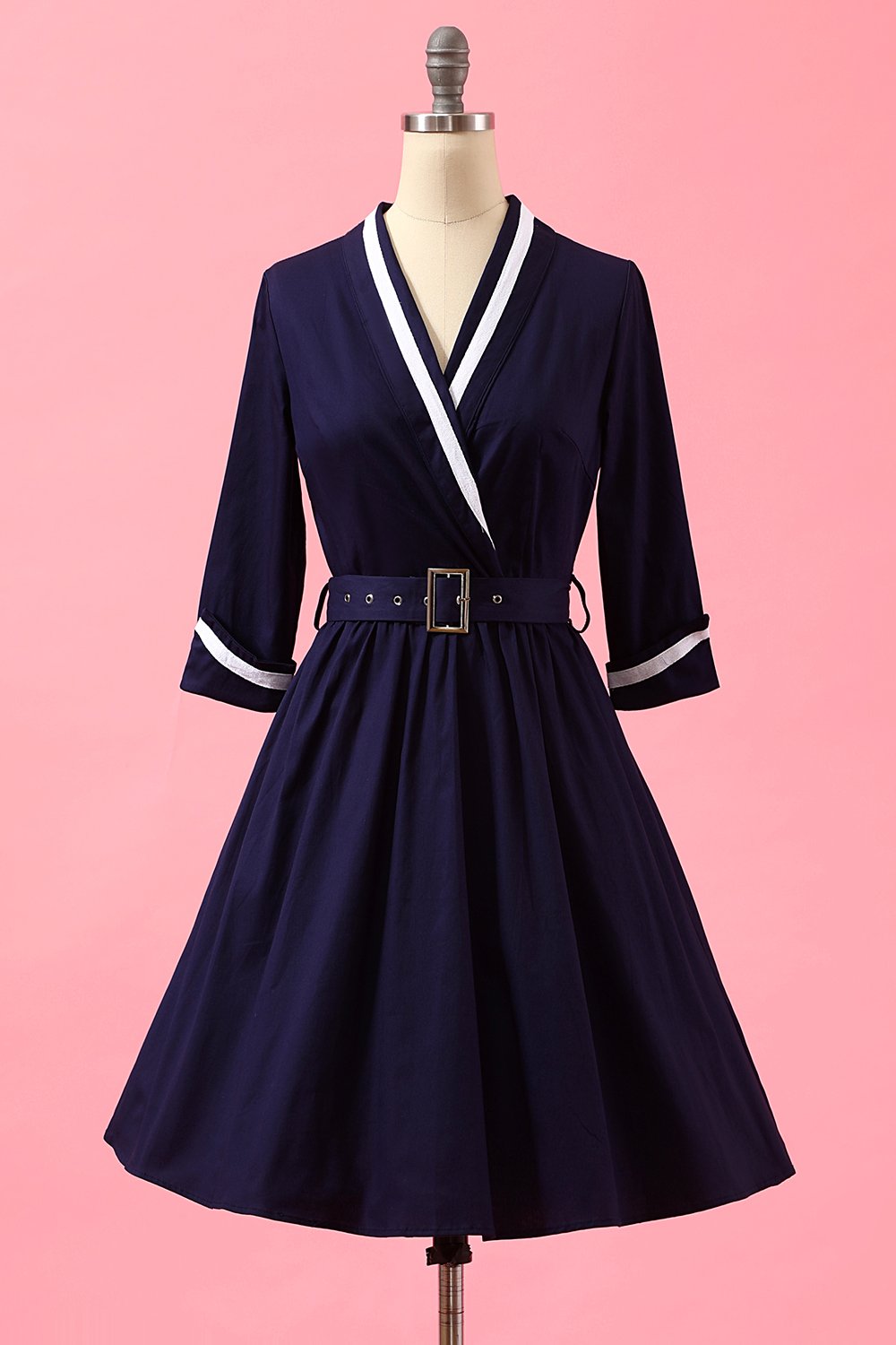 Azul marinho dos retalhos V Neck Casual Vestido Envelope