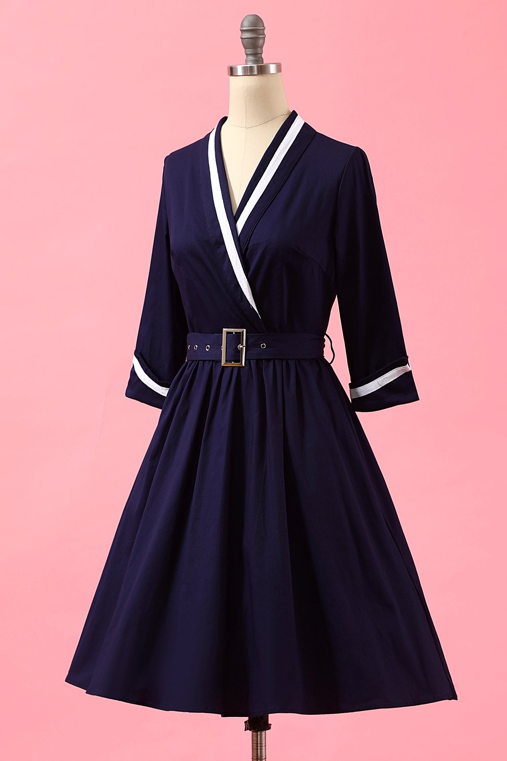 Azul marinho dos retalhos V Neck Casual Vestido Envelope
