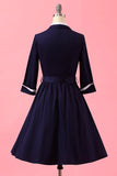 Azul marinho dos retalhos V Neck Casual Vestido Envelope