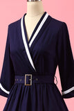 Azul marinho dos retalhos V Neck Casual Vestido Envelope