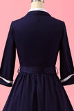Azul marinho dos retalhos V Neck Casual Vestido Envelope