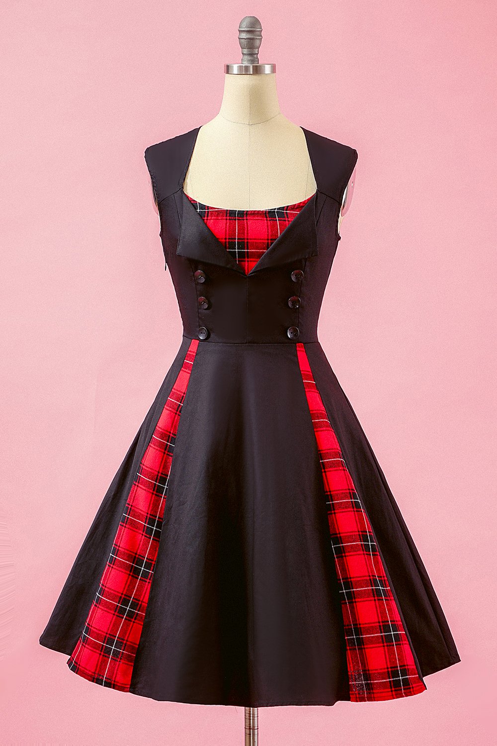 Preto Patchwork Plaid V Neck balanço vestido de festa