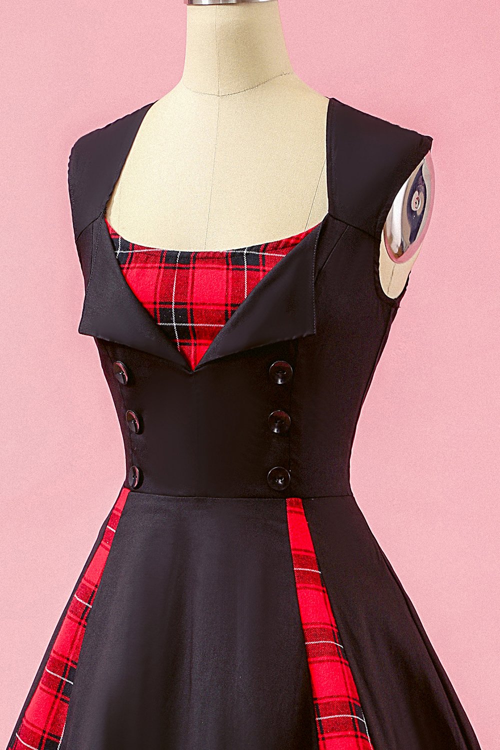 Preto Patchwork Plaid V Neck balanço vestido de festa