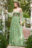 Fora do Ombro Verde Mangas Compridas Vestido de Baile