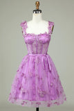 Bonito A Line Sweetheart Purple Corset Homecoming Dress com Appliques
